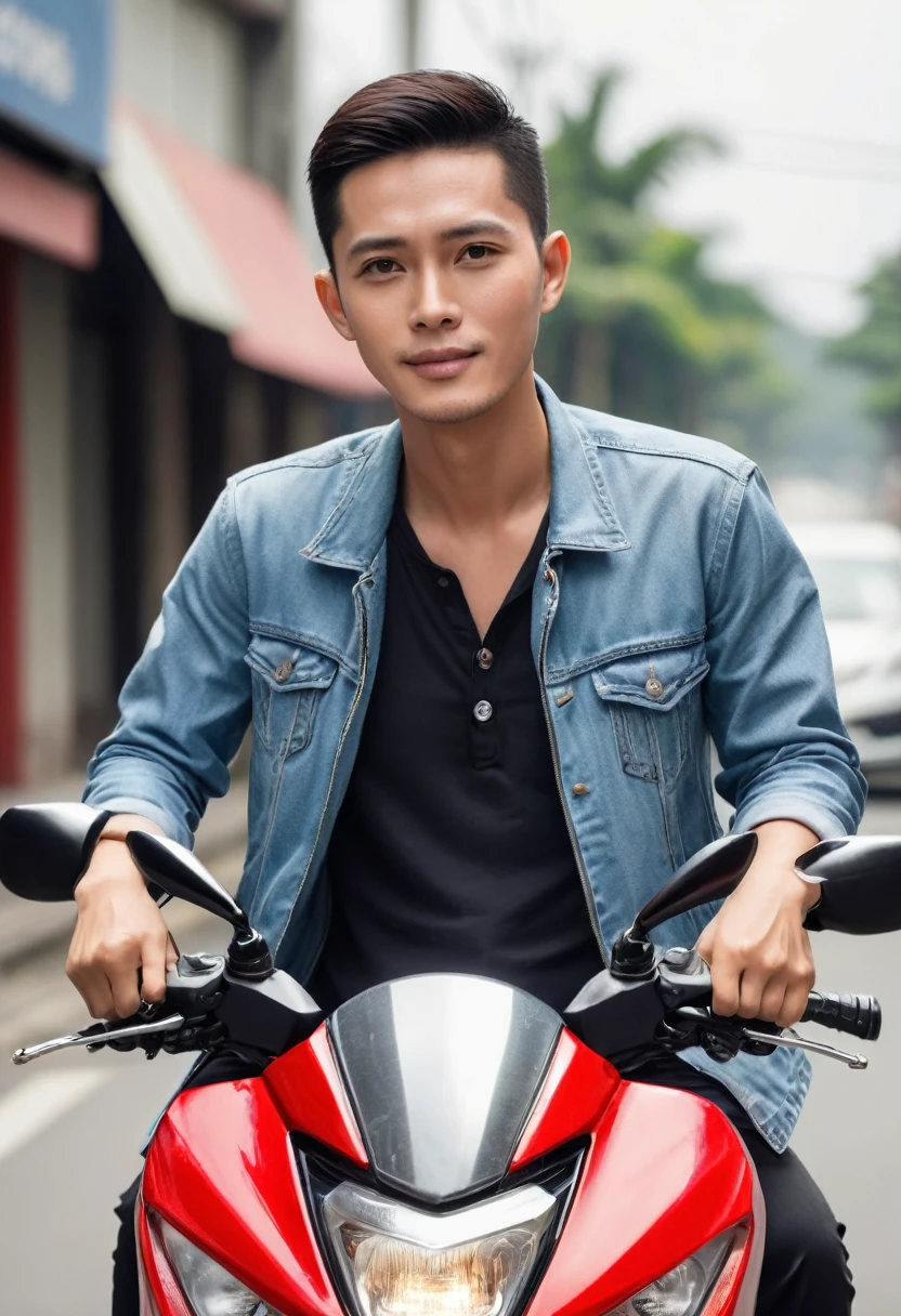 handsome Indonesian man, very short fine hair, I was riding a Honda automatic beat series motorbike, camera distance is far( The entire motorbike is visible) far ratio, roadside atmosphere,