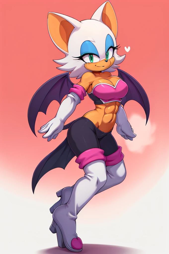 a digital artwork of rouge the bat with abs wearing a crop top of her default outfit with a bare navel and a bare midriff , ((digital artwork)), ((best quality)), (((masterpiece))), (trending on artstation), furry style, anthro style, sideview, gloves and boots, batwings