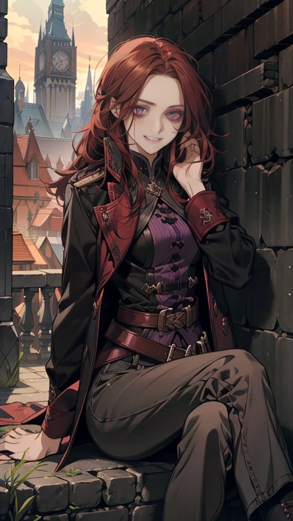 A female assasin with dark cherry red hair, purple eyes, and a menacing look along with a grin, hair is short and is really messy, has dark circles under her eyes, she has knives on her belts, and wears pants, sitting outside on top of a building with the sunsent light behing her, getting dark
