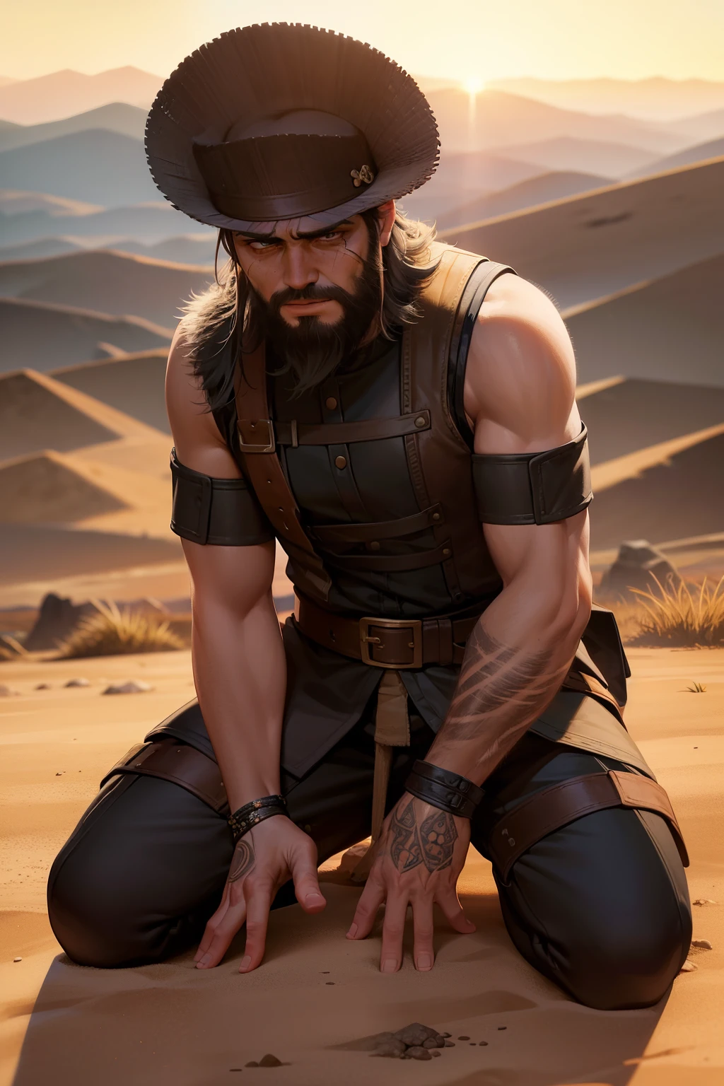 Masterpiece, High Resolution, Detailed Shading, Ultra-Detailed, Cangaceiro Kneeling, Solo, Rugged Face, Beard, Worn Hat, Bandit's Attire, Kneeling on Dusty Ground, Hands Tied Behind Back, Despair in Eyes, Dramatic Lighting, Brazilian Setting, Sunset Backdrop, (8K Quality), World-Class Quality, (Extremely Detailed), Emotional Depth, (Tale of Resistance).