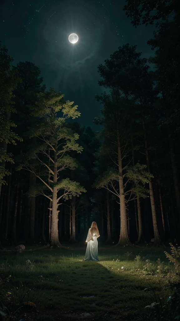 Imagine a landscape that seems to transcend time and space. In front of you, stretches a vast ancient and dense forest, where giant trees with secret doors intertwine with each other, each one emitting a soft golden glow. in the center of the forest, a serene lake reflects the light of the full moon, surrounded by an ethereal mist that appears to house forest spirits in translucent forms. Ao redor do lago, small bioluminescent mushrooms dot the ground, lighting the way to a hidden clearing.
In the heart of this clearing, a circle of ancient, mossy stones emits a soft light from burning torches, where a beautiful woman, with long silver hair, is conducting an ancient ritual. She is accompanied by other magical figures — one with golden hair dressed in a green cape., another with black hair in a flowing cloak, and yet another with red hair in a ceremonial attire.
Above this scene, the night sky is full of twinkling stars, as the full moon casts a silvery glow over the entire landscape. A sense of magic and mystery permeates the air, as if this place were a crossroads of worlds, where the natural and the supernatural meet in harmony.