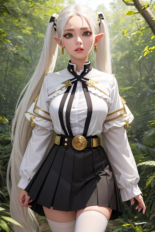 a female elf with green eyes and long white hair tied into two pigtails, wearing a black and white striped shirt, a white jacket with gold embellishments tucked into a matching skirt with a black belt, a short white and gold cape with a high collar, black pantyhose, and brown boots, with a pair of gold and red earrings, in a forest outdoor environment, best quality, (Freeze: Beyond the end of the journey), (( extremely detailed face, eyes, lips, nose, high quality), anatomically perfect, twintails, earrings, white cape, striped shirt, white skirt, long sleeves, belt, holding employees)