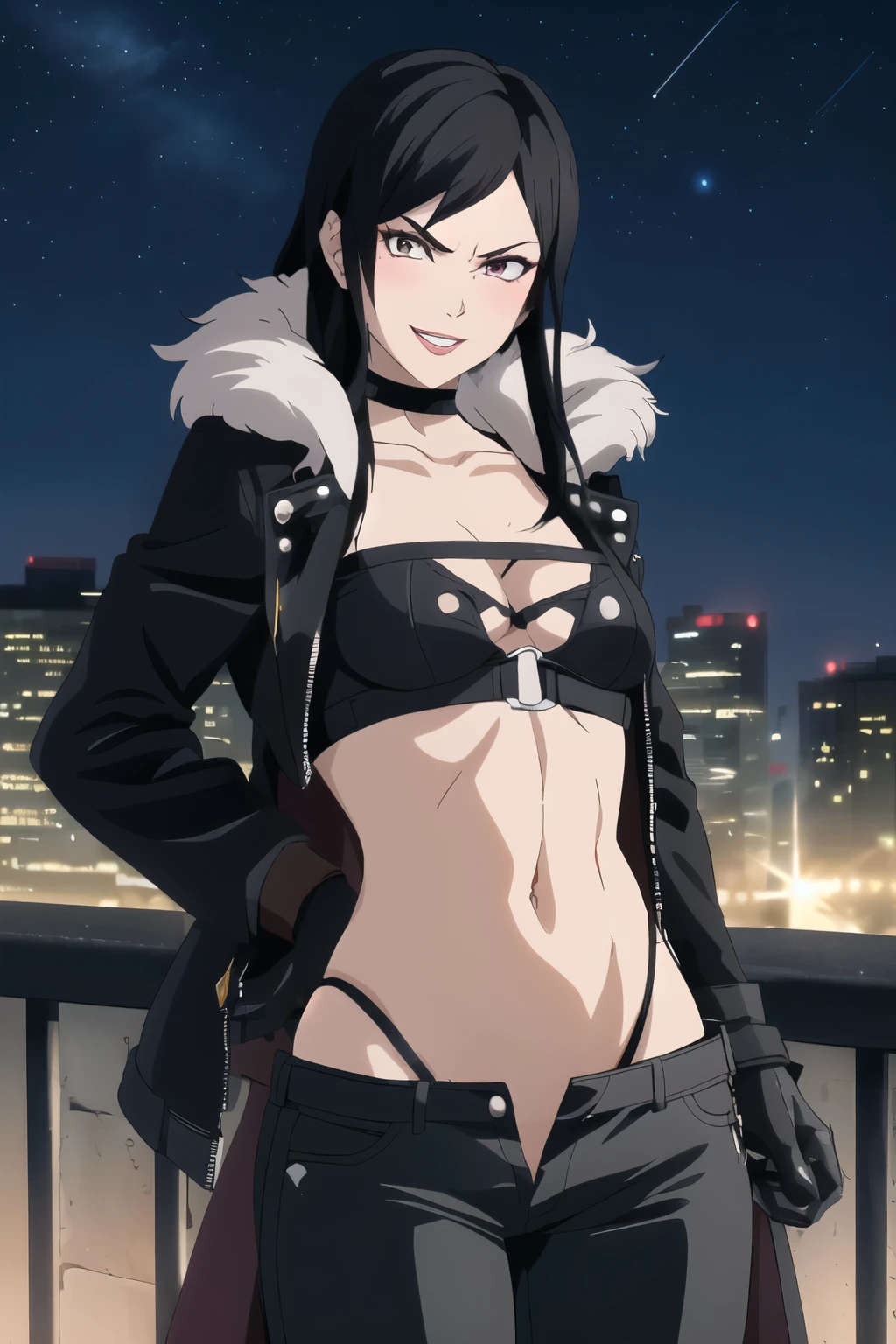 kokoro, 1girl, long hair, mature female, makeup, eyelashes, blush, lipstick, Hot girl, baddie, staring, glaring, bad attitude, mean girl, dare, angry, hate, crazy, smoking, sensual, attractive, fur trim, mature female, gloves, fur-trimmed coat, outdoors, rooftop, cityscape, building, railing, night sky, scenery, city lights, masterpiece, best quality, highly detailed, a girls with a gun, evil smile , open mouth, sexy gaze, badass pose , evil smile, smile, , guns blazing, anime girl with long hair, beautiful long haired girl, navel, evil expression, exposed belly, exposed navel, exposed midriff, exposed lower belly, long black pants, crop top, cleavage, unbuttoned leather pants ,open fly, low rise black leather pants, leather jacket, holding a gun,