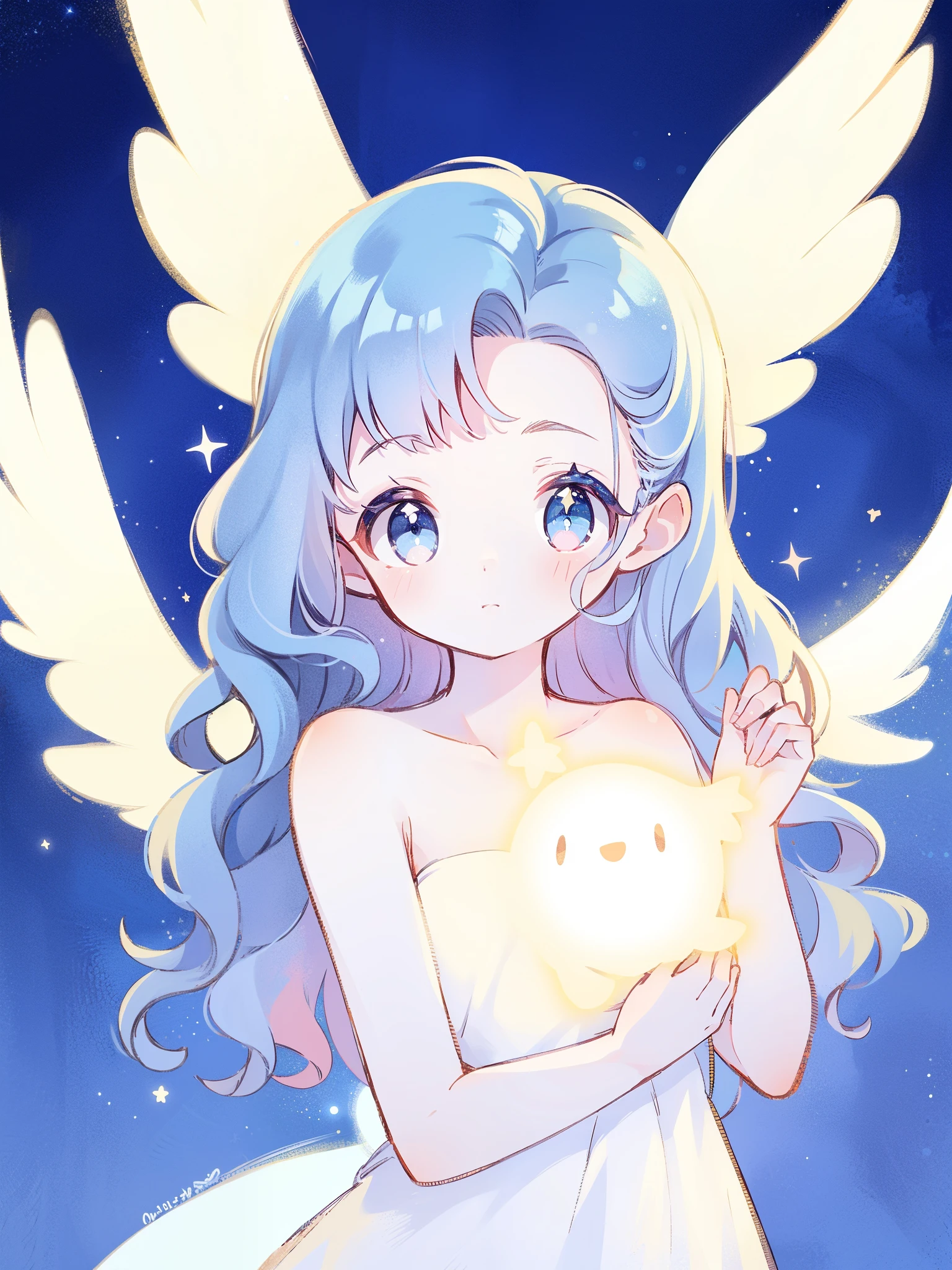 nude angel girl wearing an ethereal translucent dress, pale skin, ((wavy blue hair)), white feathers, angel wings, sparkling detailed eyes, golden ratio face, perfect composition, highly detailed, ethereal, (starry night sky background), midjourney style