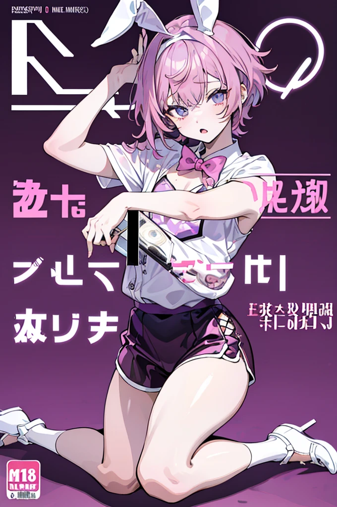 masterpiece, best quality, full body, (1boy), pink hair, rabbit ears, playboy bunny, (Boy Messy Japanese Round Haircut for Thick Hair), (pink hair), black shorts, ((solo)), (magazine:1.3), (cover-style:1.3), fashionable, (Purple Background), bright colors