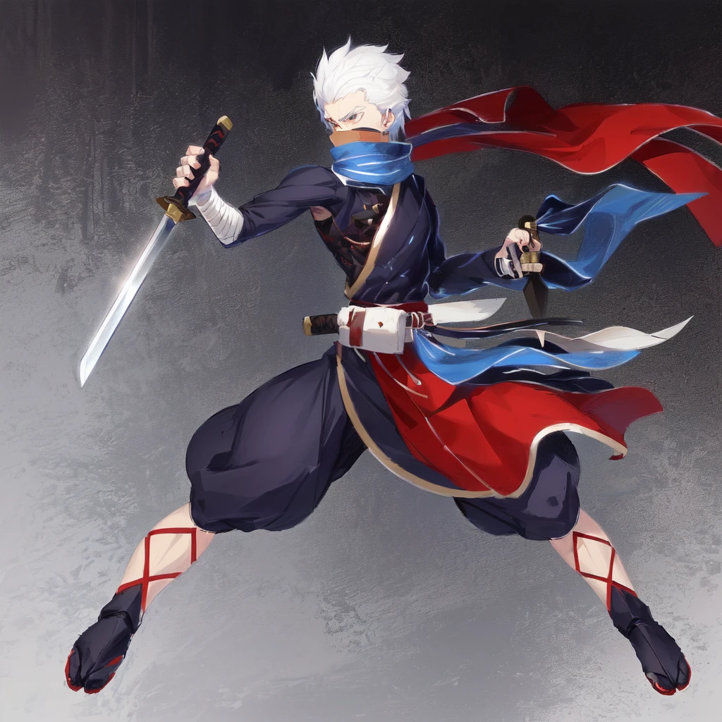 anime character with sword and scarf in a fighting pose, angry character wielding a sword, dramatic wielding sword pose, with large sword, anime style character, anime in fantasy style, clean lineart and color, concept art of a monk, warrior character design, carrying scabbard on his back, picture of an adult Japanese male warrior, white hair