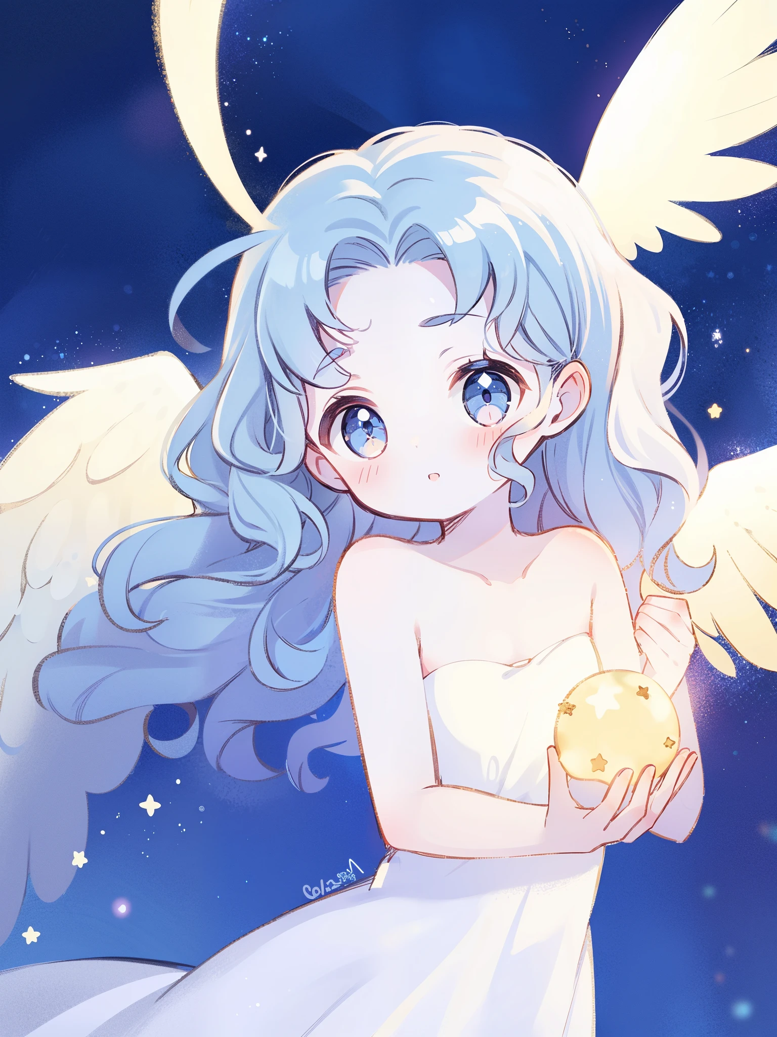 nude angel girl wearing an ethereal translucent dress, pale skin, ((wavy blue hair)), white feathers, angel wings, sparkling detailed eyes, golden ratio face, perfect composition, highly detailed, ethereal, (starry night sky background), midjourney style