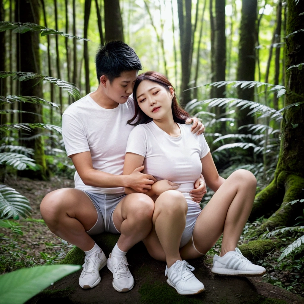 A couple from Korea sits squatting (open legs) in the middle of a lush forest. They wore casual clothes with white t-shirts and shorts, and white sports shoes. The man sits behind the woman, hugging her with his arms around her waist and shoulders, while the woman leans back with her head against the man's chest, with her eyes closed as if enjoying a quiet and intimate moment together. The forest background shows tall trees and dense green leaves, giving the image a natural and peaceful feel. Sunlight can be seen faintly penetrating between the leaves, creating a shady and comfortable atmosphere.