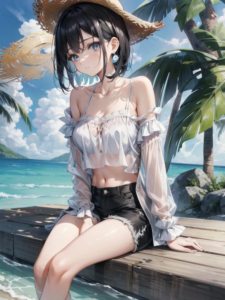 absurdres, RAW photo, extremely delicate and beautiful, masterpiece, Best Quality, ultra high resolution, 32k, hyperrealistic, ultra-detailed, perfect figure, in her 20s, very small head, very small face, delicate facial features, tearful mole, earring, huge breasts, full body shot, medium hair, black hair, Colored inner hair, casual, blouse, white shirt, buttoned shirt, bare shoulders, collarbone, midriff, navel, shorts, straw hat,