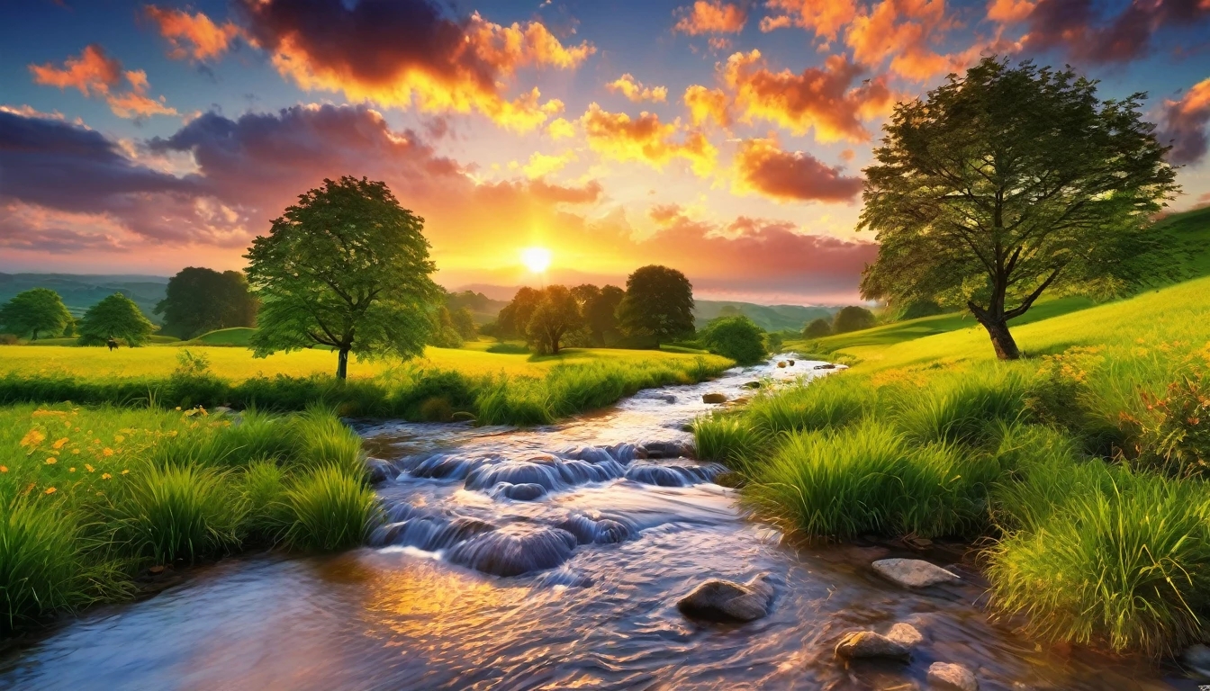 a beautiful sunset scene with a stream and trees, nature wallpaper, nature scenery, Beautiful wallpaper, beautiful backgrounds, peaceful landscape, stunning nature in the background, very very beautiful scenery, wallpaper hd, amazing wallpaper, a beautiful landscape, natural landscape, beautiful landscape, beautifully lit landscape, beautiful serene landscape, scenery wallpaper, landscape wallpaper, majestic nature scenery, Really beautiful nature