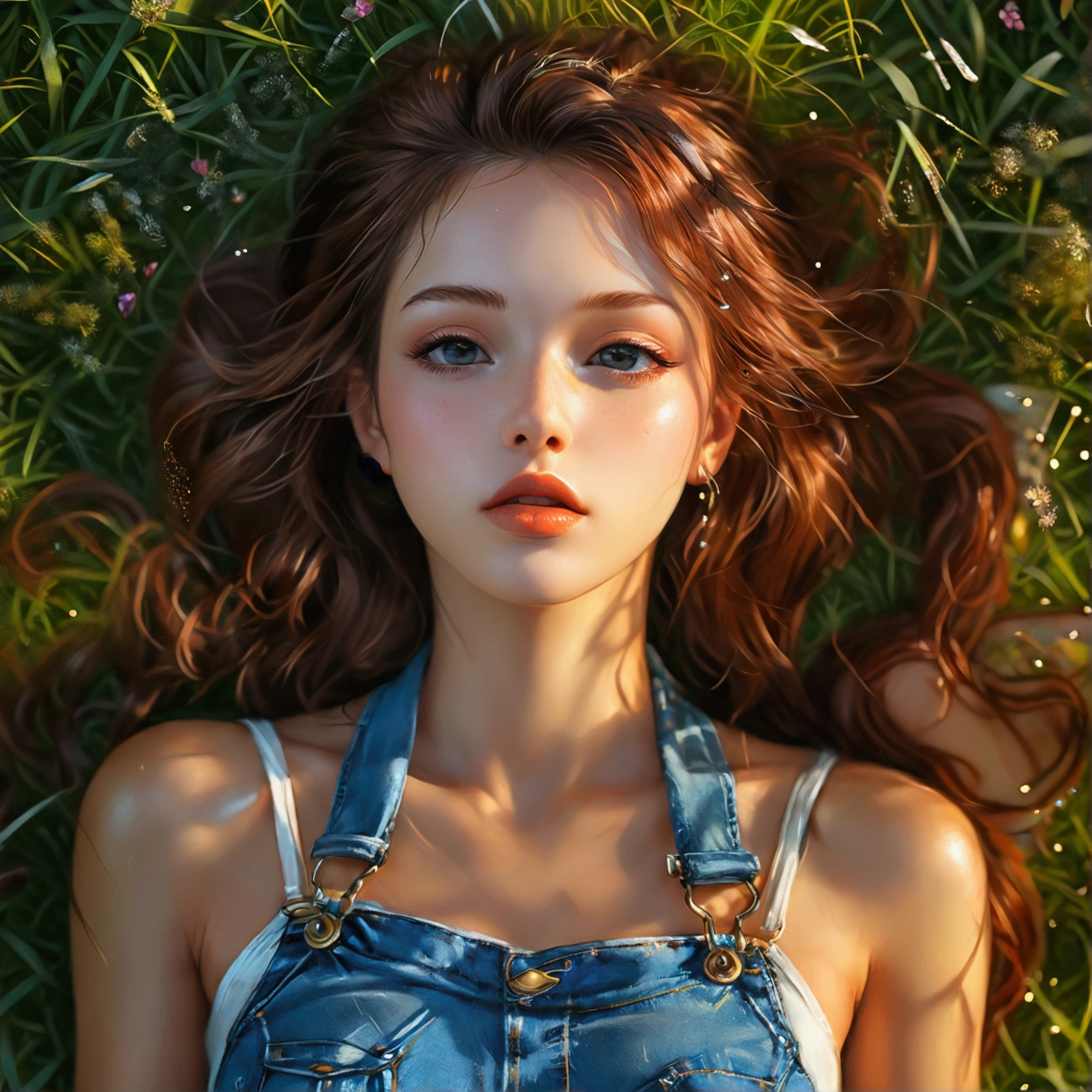 1 (wearing jeans salopette:1.3), Lie down on the grass, Overhead camera, sharp focus, handsome, skinny,professional lighting,city,rendered eyes,tall body,adult woman,hair ornament,instagram most viewed,official wallpaper, official art,(kpop idol), half-closed eyes,building,((photorealistic painting art by midjourney and greg rutkowski)),((supermodel)), 