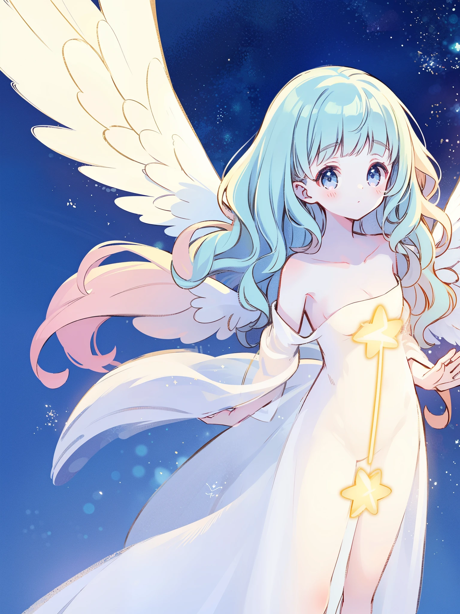 nude angel girl wearing an ethereal translucent dress, pale skin, ((wavy blue hair)), white feathers, angel wings, sparkling detailed eyes, golden ratio face, perfect composition, highly detailed, ethereal, (starry night sky background), midjourney style