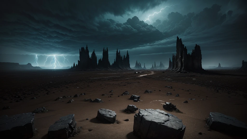 realistic image. A desolate and haunting landscape, filled with a deep sense of suffering and regret. In the foreground, tormented souls are depicted in various states of anguish, their faces contorted in pain and sorrow, with expressions of deep regret and despair. They are surrounded by arid, cracked ground with deep fissures that emit a faint, eerie glow. The atmosphere is thick with a sense of heaviness and sadness. The background features jagged rock formations and twisted, nightmarish structures beneath a sky filled with dark, swirling clouds and occasional flashes of lightning. The entire scene is shrouded in shadows and faint, ghostly glows, emphasizing the pervasive sense of deep suffering and remorse.