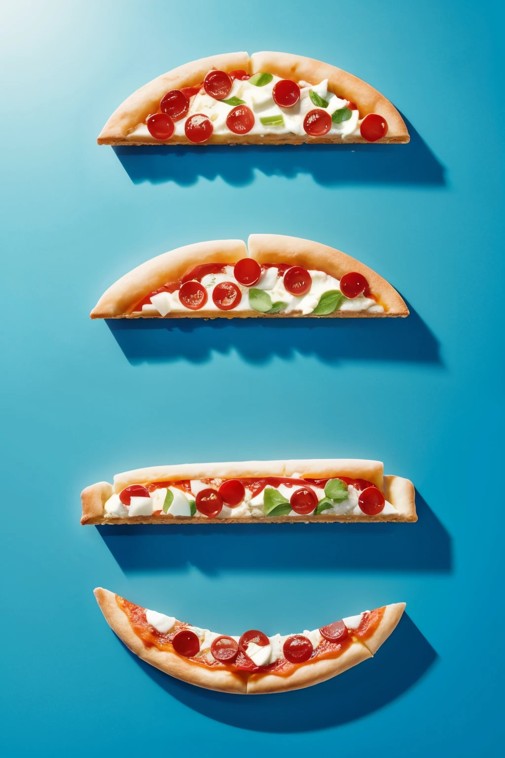 sky blue background with pizza slices of various sizes and blur
