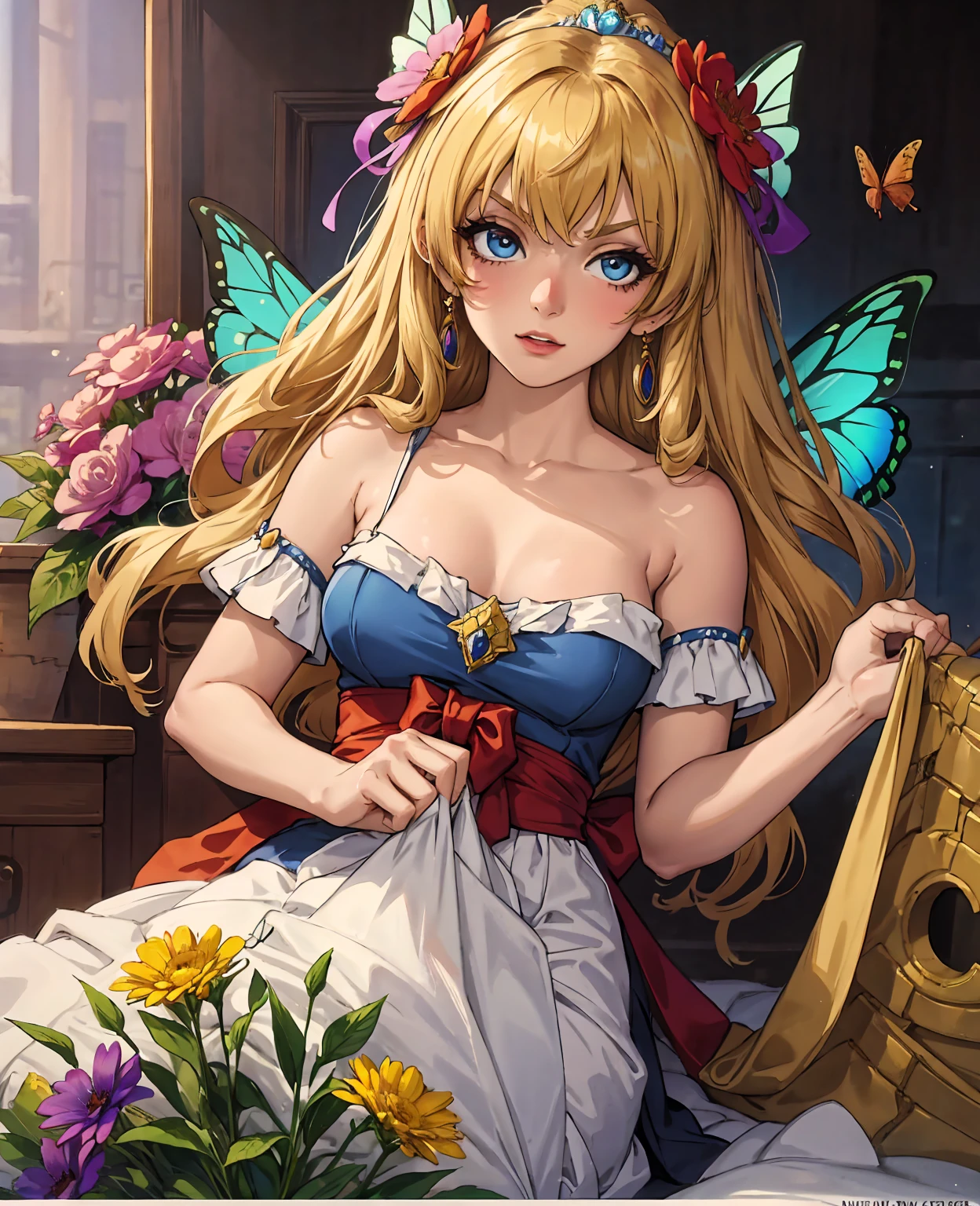 A beautiful girl in a fairy costume, surrounded by flowers and butterflies. Content: watercolor painting. Style: whimsical and delicate, like a children’s book illustration.