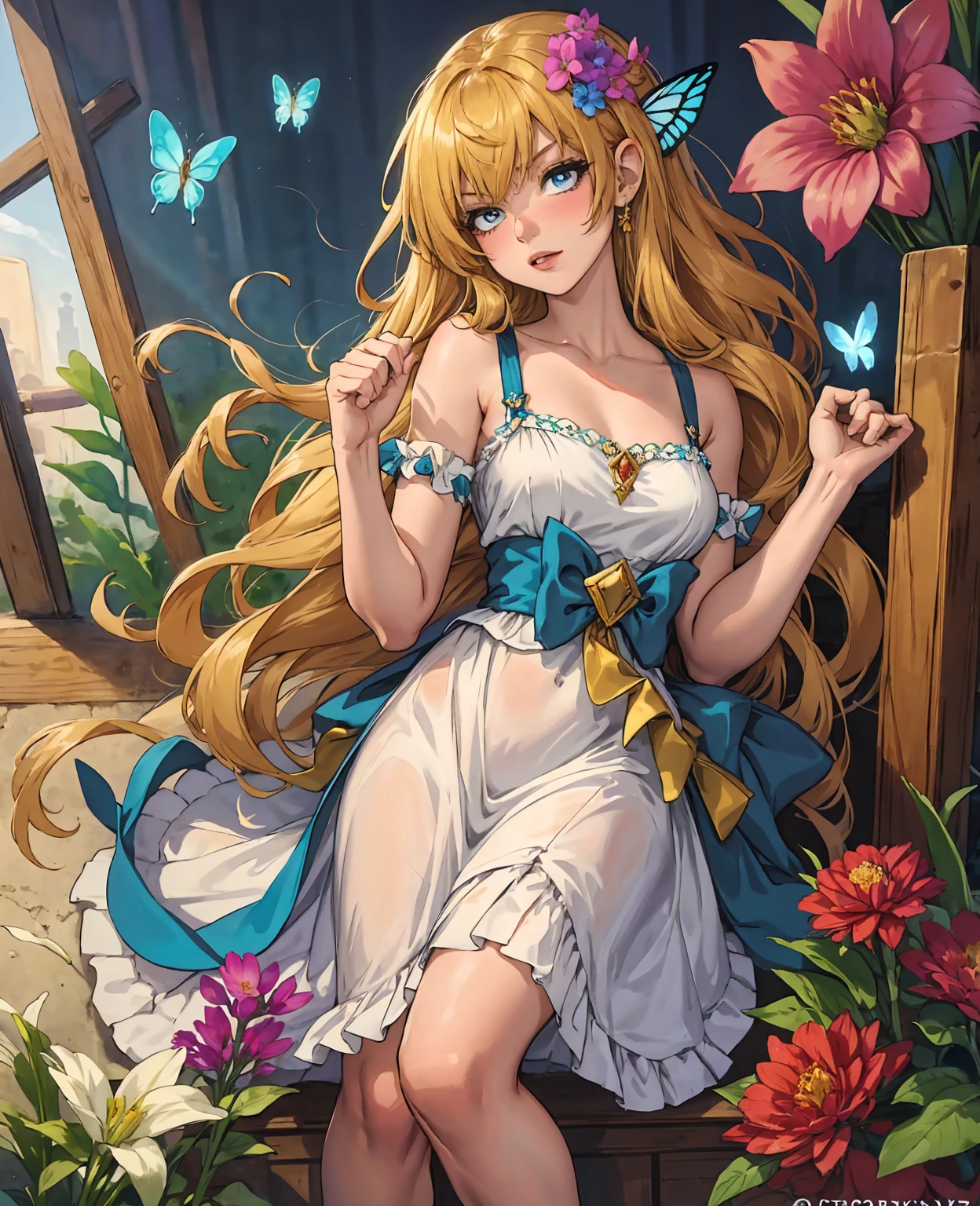 A beautiful girl in a fairy costume, surrounded by flowers and butterflies. Content: watercolor painting. Style: whimsical and delicate, like a children’s book illustration.