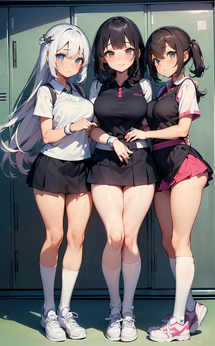 (Cute eyes:1.2), (Sparkling eyes:1.2),(Beautiful Eyes:1.2), Highest quality,wonderful,finely,Highly detailed CG Unity 8k wallpaper, (The three of them hugged each other:1.3),(Caress your:1.5),(Three people of different heights:1.5), (Three Girls, Tennis Player, Skinny body, Dressed), (Huge breasts), (Open your mouth:1.1),(Black knee socks:1.3),(Thighs:1.3),(Waistline:1.2),(Matching tennis uniforms:1.4),(From behind:1.2),(Beautiful Eyes:1.2),(Different hairstyles),(Senior and Junior:1.3),(All three have different eye colors:1.5),(All three have different skin colors.:1.5),(Thighsまで隠れるニーソックス:1.2),Upper Body,(locker room:1.3),(Love Juice:1.3),(Tennis Wear:1.3)