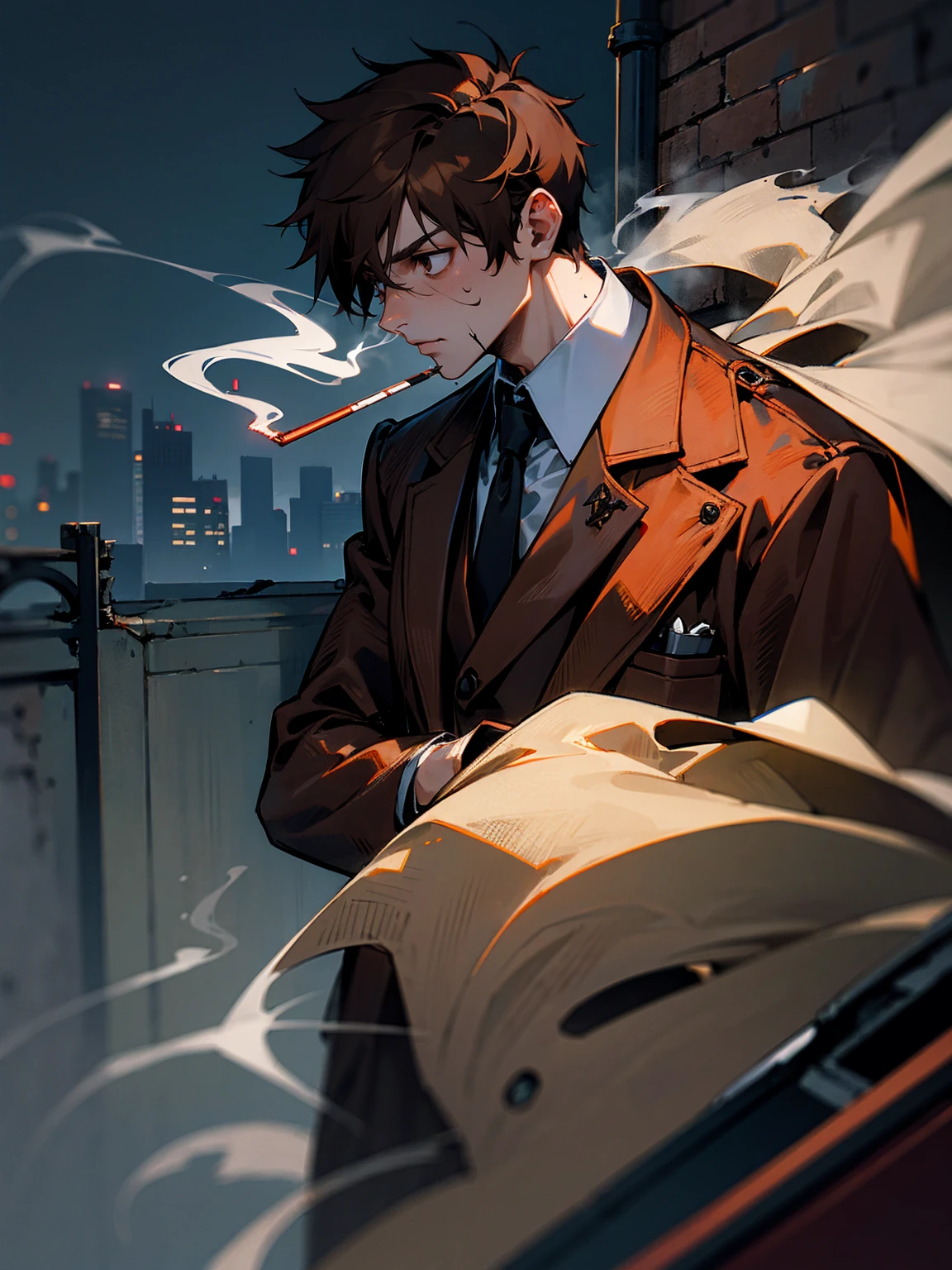 1male, zombie male, glasses, brown hair, tattered skin, tattered suit, bones, smoking, rooftop, night time, misty smoke                                                                                      