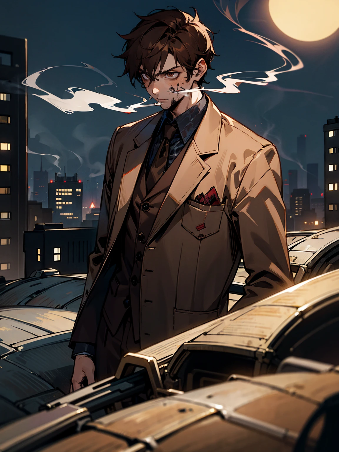 1male, adult, zombie male, brown hair, tattered suit, bones, smoking, rooftop, night time, misty smoke, lazy