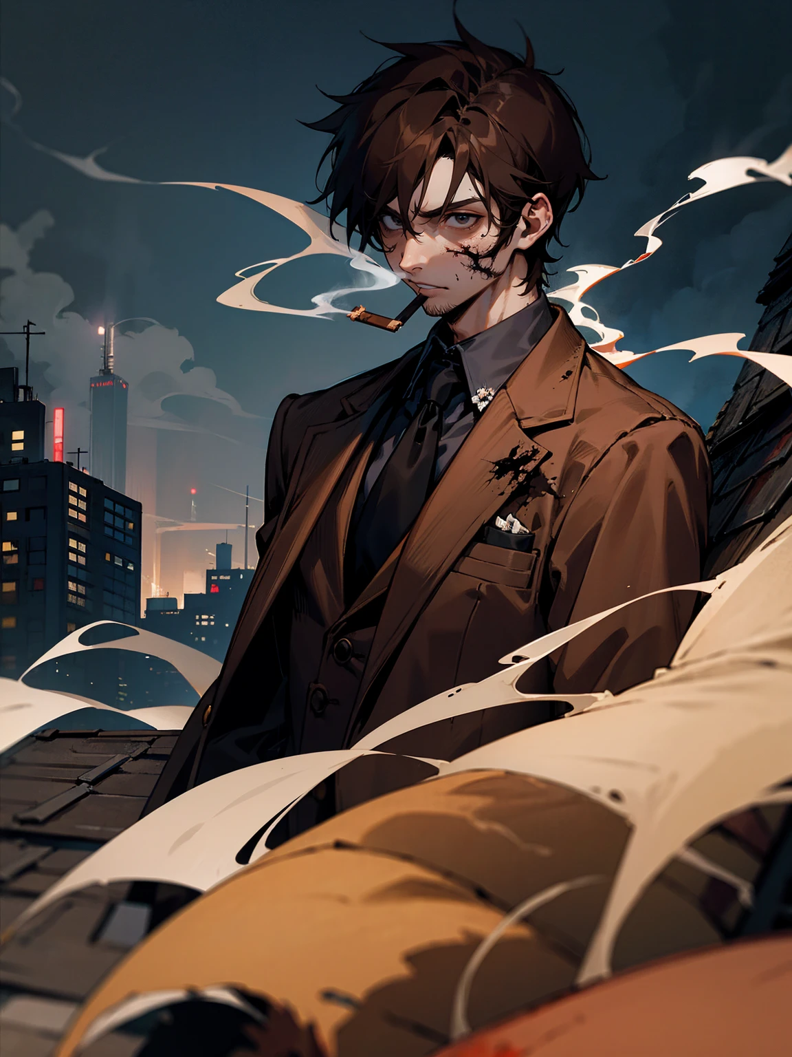 1male, adult, zombie male, brown hair, tattered suit, bones, smoking, rooftop, night time, misty smoke, lazy