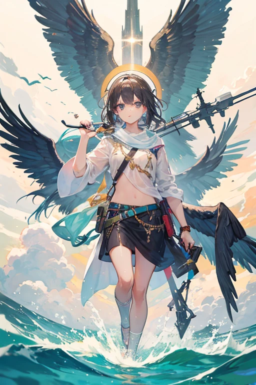 Rio de Janeiro with Christ , a plane passing in the sky , some people with guns in their hands