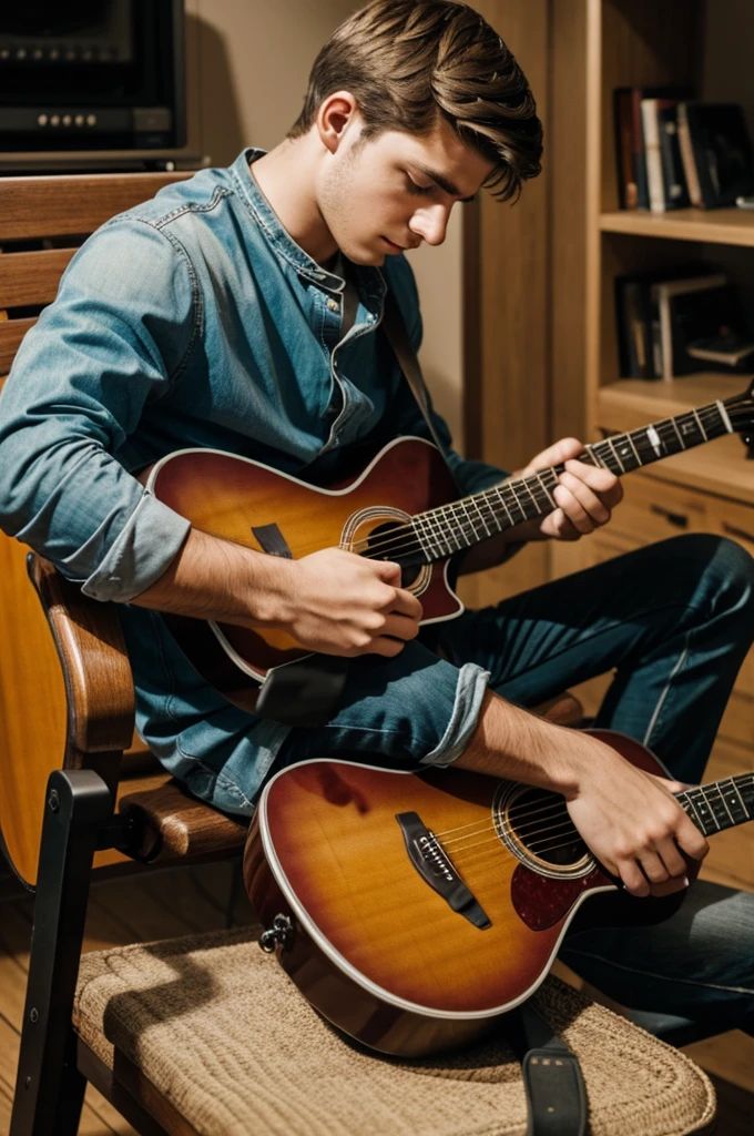 A SAD YOUNG MAN SITTING WITH HIS GUITAR WRITING A SONG