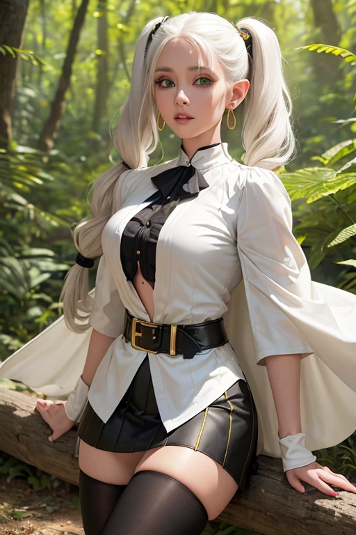 a female elf with green eyes and long white hair tied into two pigtails, wearing a black and white striped shirt, a white jacket with gold embellishments tucked into a matching skirt with a black belt, a short white and gold cape with a high collar, black pantyhose, and brown boots, with a pair of gold and red earrings, in a forest outdoor environment, (best quality, 4k, 8k, highres, masterpiece:1.2), ultra-detailed, (realistic, photorealistic, photo-realistic:1.37), extremely detailed face, eyes, lips, nose, high quality, anatomically perfect, twintails, earrings, white cape, striped shirt, white skirt, long sleeves, belt, holding employees, Freeze: Beyond the end of the journey