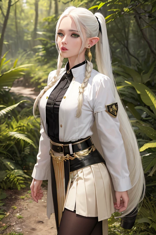 a female elf with green eyes and long white hair tied into two pigtails, wearing a black and white striped shirt, a white jacket with gold embellishments tucked into a matching skirt with a black belt, a short white and gold cape with a high collar, black pantyhose, and brown boots, with a pair of gold and red earrings, in a forest outdoor environment, (best quality, 4k, 8k, highres, masterpiece:1.2), ultra-detailed, (realistic, photorealistic, photo-realistic:1.37), extremely detailed face, eyes, lips, nose, high quality, anatomically perfect, twintails, earrings, white cape, striped shirt, white skirt, long sleeves, belt, holding employees, Freeze: Beyond the end of the journey