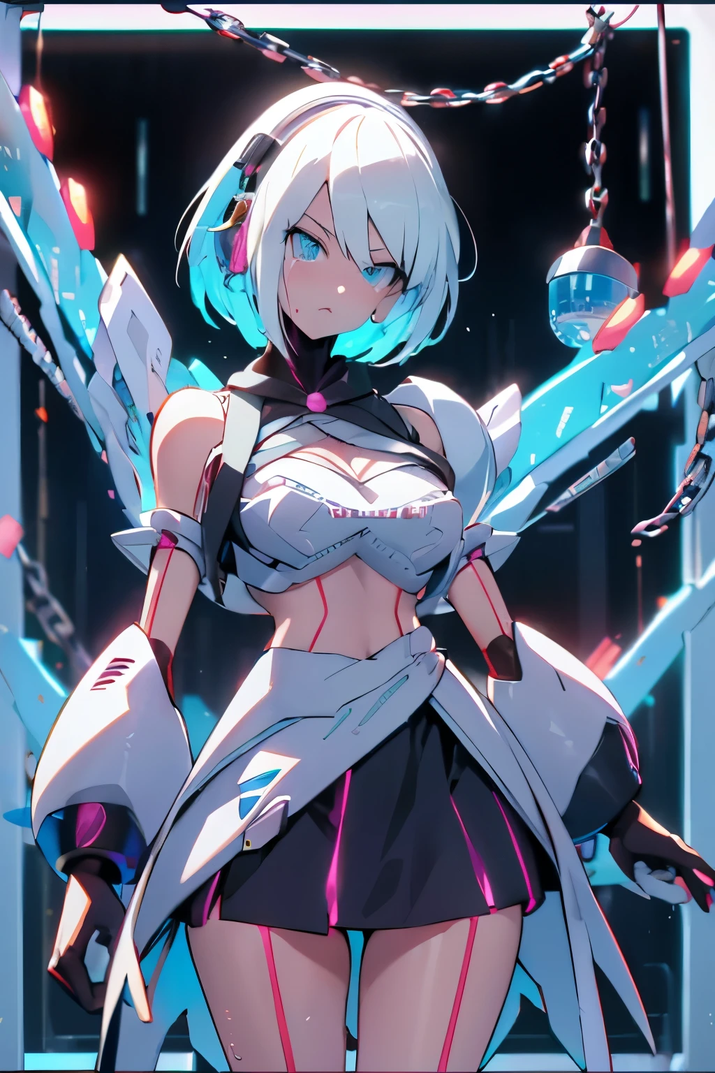 Android Girl,white hair, short and messy hair, purple neon eyes, Holding a chain whip,chains on the hands, chains around her arm, very cute, skirt, white blouse, blanck background 