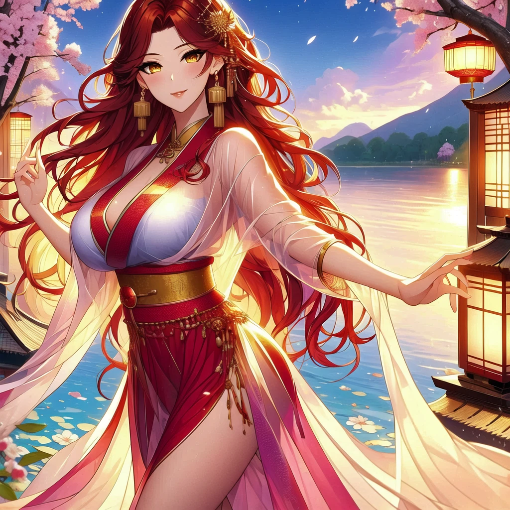 (masterpiece, best quality: 1.2), 1 female, solo, dancing alone, Xian Mei, beautiful golden eyes, long red curly hair, detailed face, beautiful face, jewelry, perfect ???????, perfect body, traditional pink-purple belly dance dress, medieval china, sexy, hot, big breasts, beautiful breasts, beautiful background, belly dance, dance, beautiful dance, mountains in the background, Japanese cherry trees, daytime, sharp image, clear image, HD resolution, quality,