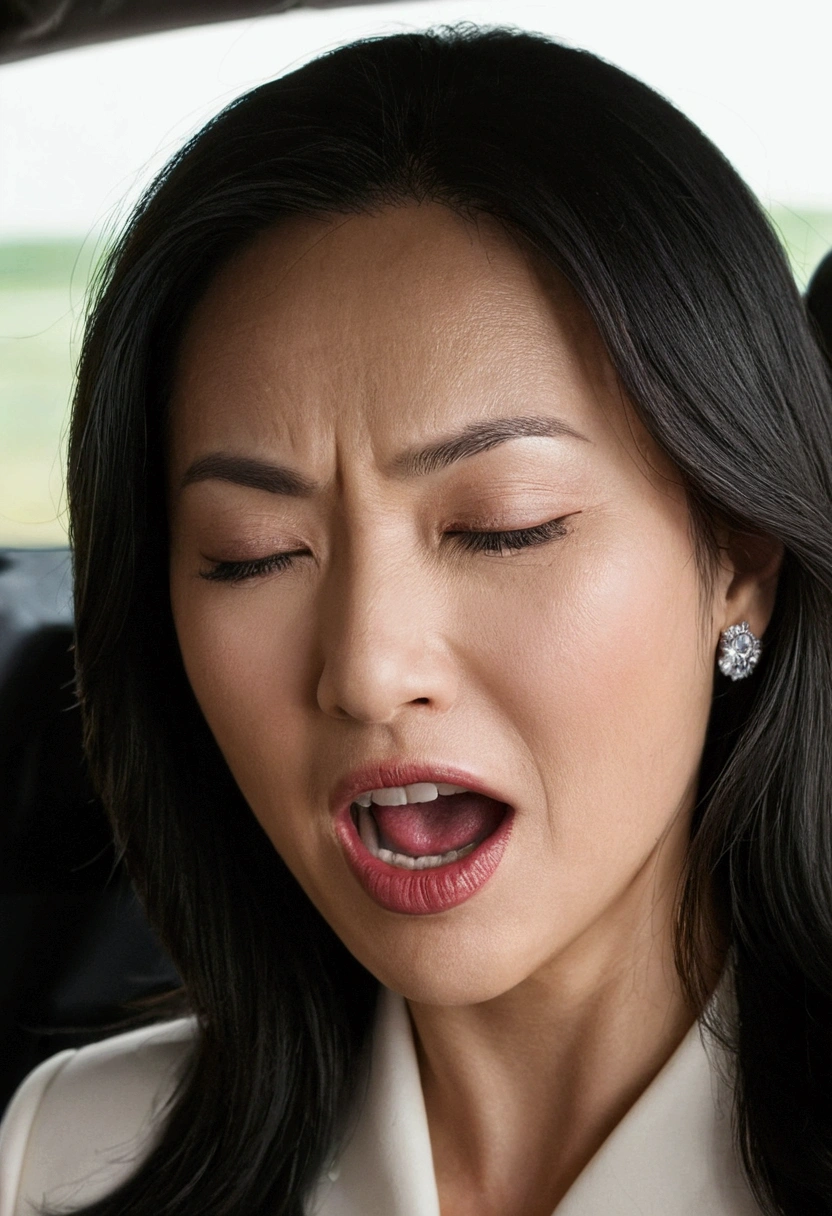 masutepiece,,award - winning photo, Extremely detailed, edgOrgasm,Face Focus, Woman with mouth open and eyes closed , Woman with Edge _Face、35 year old、A dark-haired、 News Anchor、inside of a car、