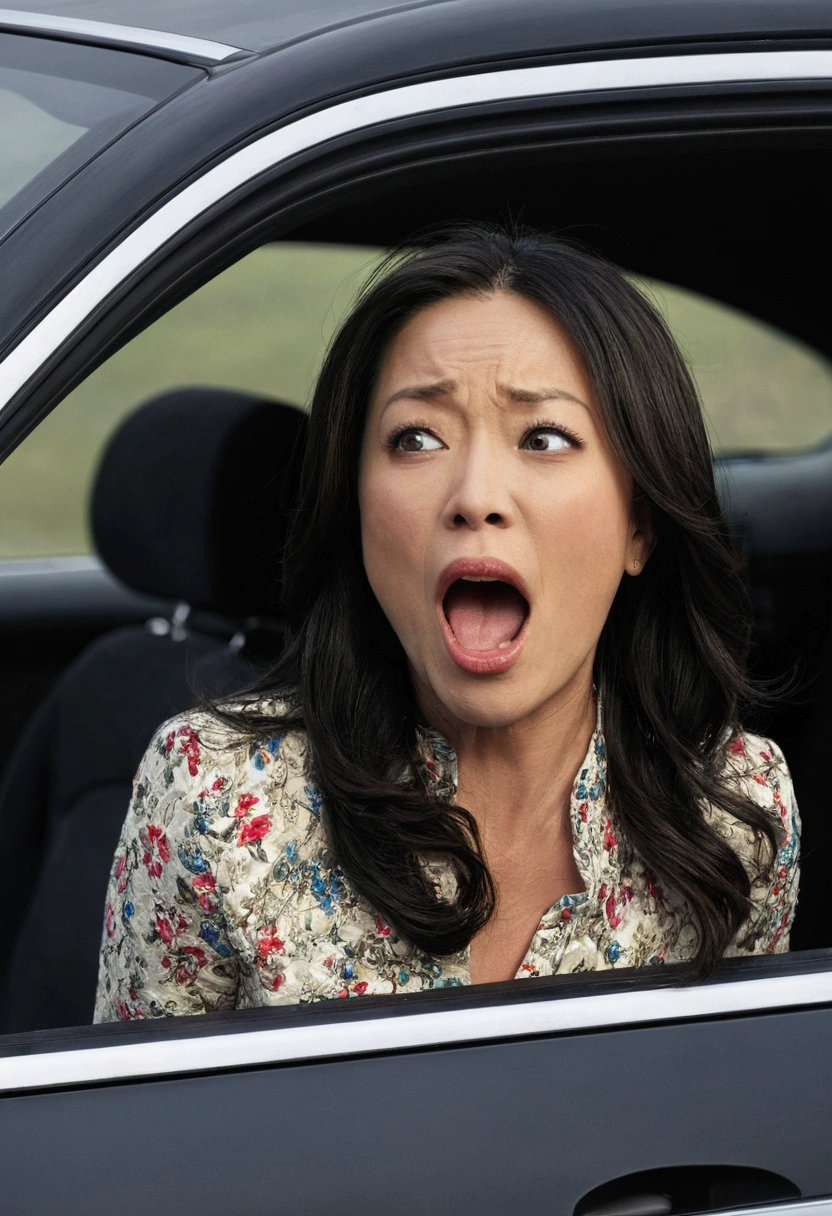 masutepiece,,award - winning photo, Extremely detailed, edgOrgasm,Face Focus, Woman with mouth open and eyes closed , Woman with Edge _Face、35 year old、A dark-haired、 News Anchor、inside of a car、