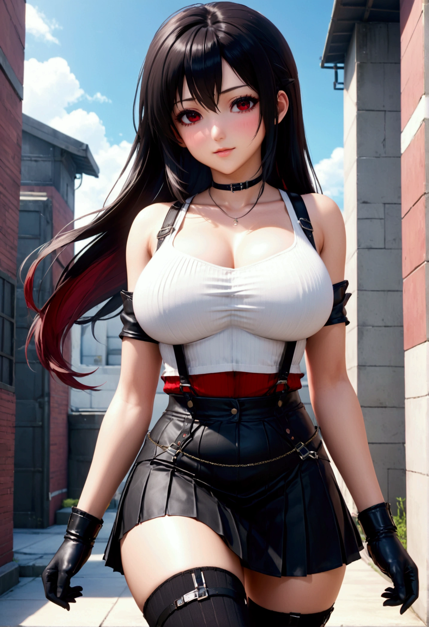 score_9, score_8_up, score_7_up,,BREAK , ,from front,front view,below angle,,standing,contrapost,upperbody ,,straight-on,Solo,1girl, tifa lockhart, final fantasy,ultra beautiful ,black hair, low-tied long hair, red eyes, bangs, (white tank top,gap),High exposure，Belly exposure，the ribs，(belt, pleated skirt, thighhighs, elbow fingerless gloves, elbow pads, midriff, navel,suspenders.skirt),beautiful waist ,((large_breast:1.3)),light smile,,hand on own hip,daytime,outdoor,(ultra detailed),(best quality),(aesthetic,very aesthetic),UHD,photorealistic,game cg.extremely detailed CG unity 8k wallpaper,anime,depth of field,,, 　　