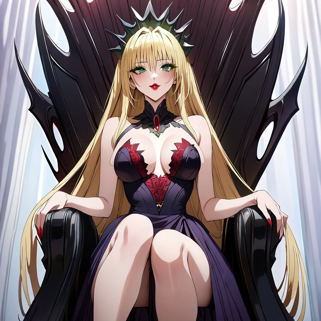 ((Highest quality)), ((masterpiece)), (detailed), （Perfect Face）、The woman is Tiare, a dark queen with green eyes, medium-long blonde hair, red lipstick and makeup, and is sitting on a gorgeous throne wearing a gorgeous dress and crown of an evil dark queen.