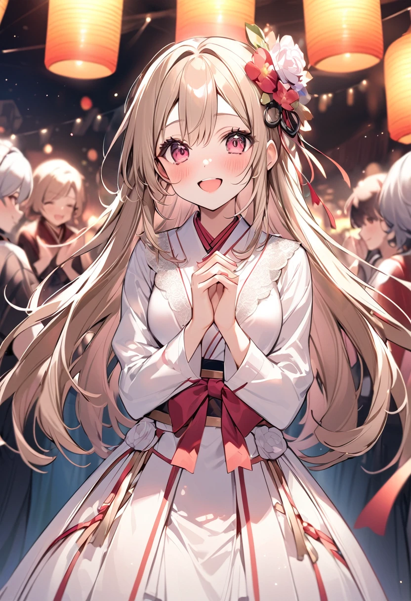 Highest quality、High resolution、Detailed Background、age beauty、Detailed face、cuteカラーの髪色、Bun Hair、Perfect body line、(盆踊り会場でdancing lively少女:1.5)、(Dance with your fingers together, hands together and raised high:1.5)、night、Festivals、A big smile、cute柄の浴衣、dancing lively、Waving your hands back and forth、Waving your hands left and right、Coordinated hand and foot movements、Traditional Japanese summer festivals、盆踊りはnightに行われるため提灯やランタンが灯りを灯し幻想的な雰囲気を醸し出します、cute