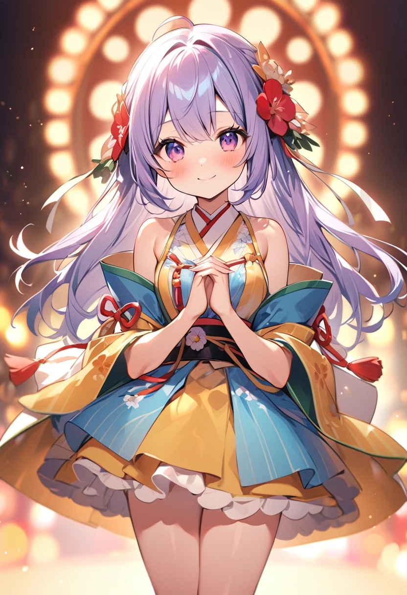 Highest quality、High resolution、Detailed Background、 beauty、Detailed face、cuteカラーの髪色、Bun Hair、Perfect body line、(盆踊り会場でdancing lively少女:1.5)、(Dance with your fingers together, hands together and raised high:1.5)、night、Festivals、A big smile、cute柄の浴衣、dancing lively、Waving your hands back and forth、Waving your hands left and right、Coordinated hand and foot movements、Traditional Japanese summer festivals、盆踊りはnightに行われるため提灯やランタンが灯りを灯し幻想的な雰囲気を醸し出します、cute