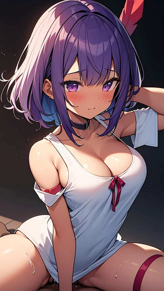 ((masterpiece)), (Highest quality、32k), (Simple style), hentai, Naked dark skinned aboriginal girls,favorite,cute,Sexual Desire Ghost, Big Breasts,Purple Hair,Bobcut, ((Vaginal sex with a man that makes her breasts bounce violently:1.1)),Cowgirl Sex,Bounce and shake wildly,Sex like hitting,Breast shaking,Off-the-shoulder sleeveless T-shirt, 32k,Super detailed,Ultra-detailed,Vibrant breasts, {{The chief's daughter is rescued by a man, and at night, while he is fast asleep after taking a sleeping pill, she straddles him and has vaginal sex with him, hoping to get his sperm.}}, NSFW