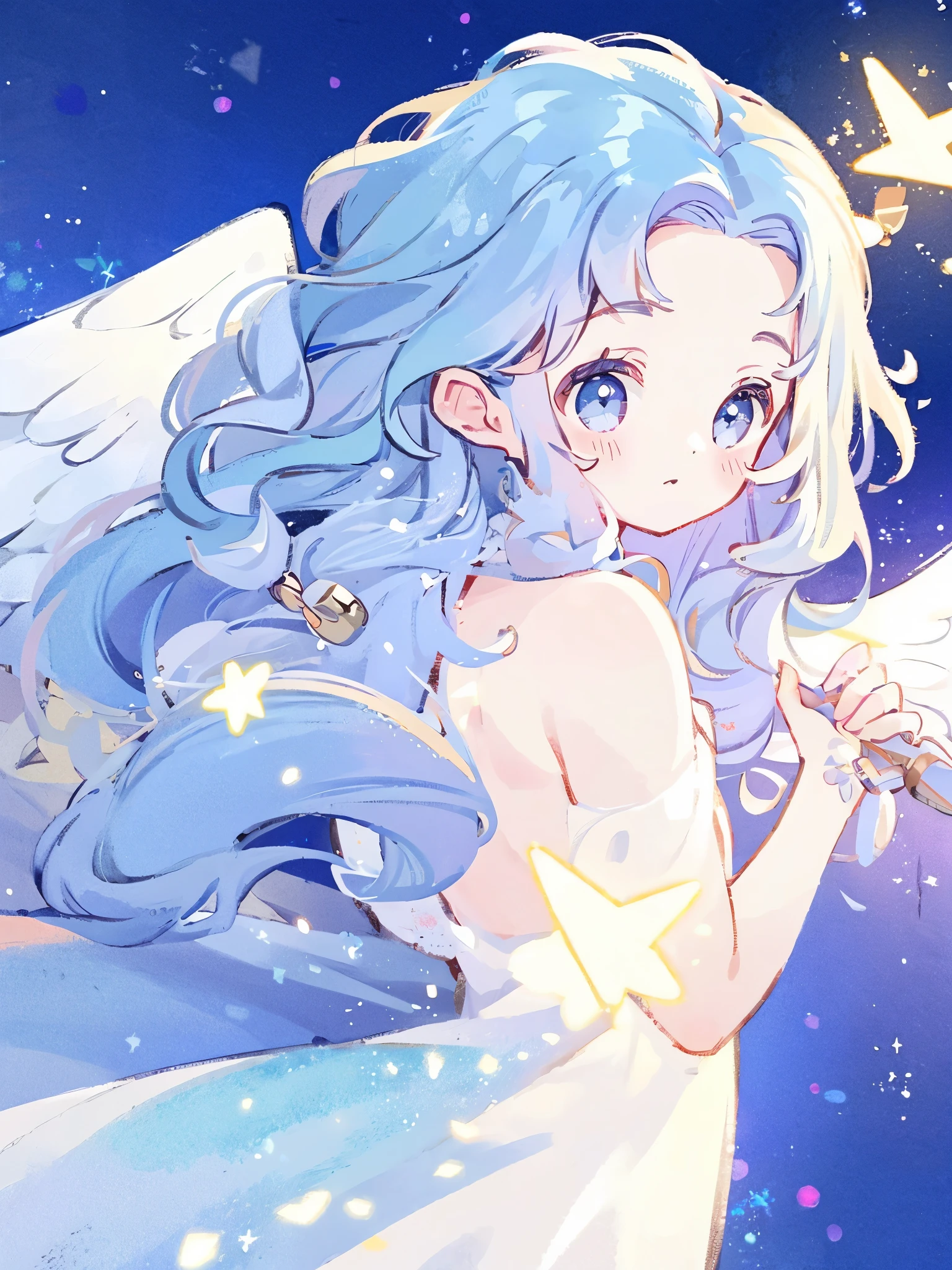 nude angel girl wearing an ethereal translucent dress, pale skin, ((blue mint wavy hair)), white feathers, angel wings, sparkling detailed eyes, golden ratio face, perfect composition, highly detailed, ethereal, (starry night sky background), midjourney style