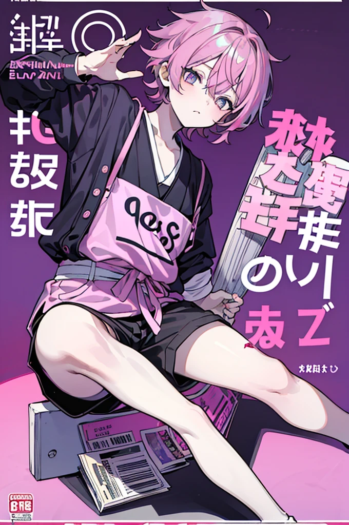 masterpiece, best quality, full body, (1boy), blue hair, rabbit ears, playboy bunny, (Boy Messy Japanese Round Haircut for Thick Hair), (blue hair), black shorts, ((solo)), (magazine:1.3), (cover-style:1.3), fashionable, (Pink Background), bright colors