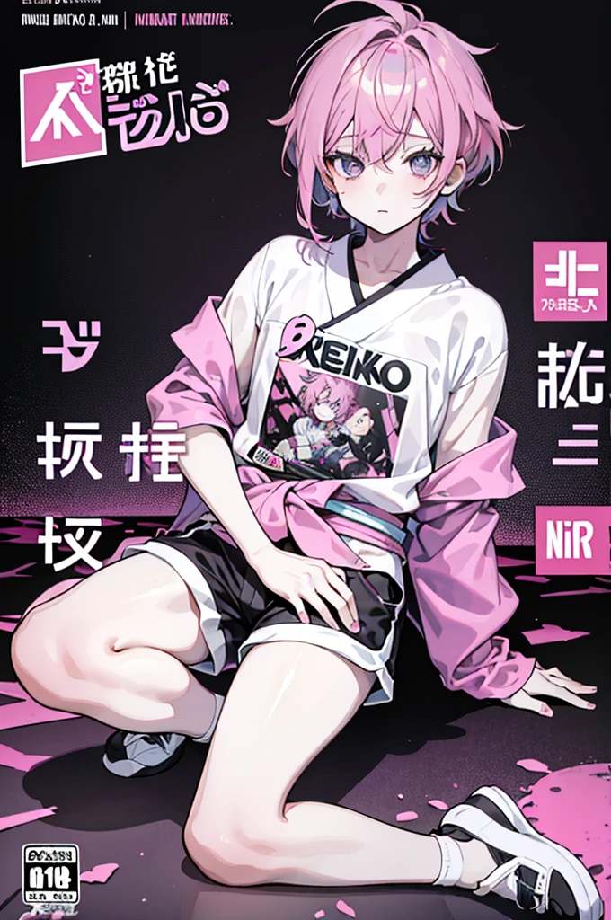 masterpiece, best quality, full body, (1boy), pink hair,  (Boy Messy Japanese Round Haircut for Thick Hair), (pink hair), black shorts, ((solo)), (magazine:1.3), (cover-style:1.3), fashionable, (Purple Background), bright colors