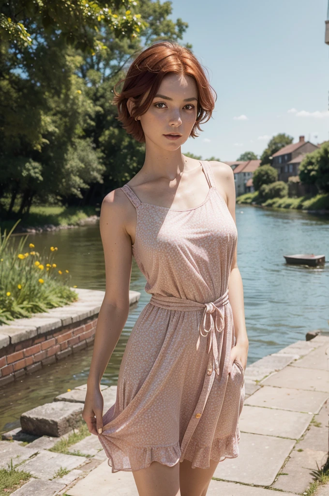 slim feminine figure, redhead, freckles, best quality, realistic skin texture, photography, detailed facial features, film grain texture and high contrast, extremely high-resolution details, photographic, photorealistic, hyper-realistic, HDR, masterpiece, (short hair), medium and round perky breasts, thin waist, standing on a brick path, a big beautiful riverbank in the background, wearing a colorful feminine summer dress, sunny weather, warm