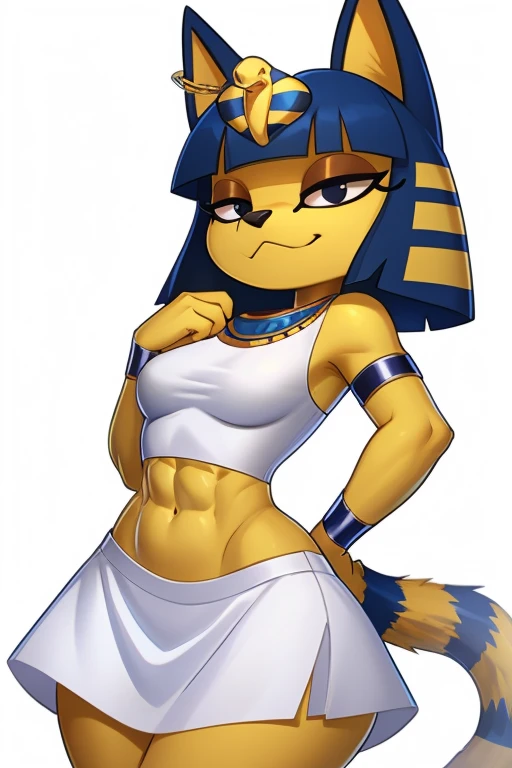 ((best quality)), ((masterpiece)), (detailed), ((2k)), trending on artstation, furry, furry style, anthro style, perfect face, a digital artwork of a sexy Ankha with abs wearing a crop top of her white sleeveless dress with white long dress skirt, a bare midriff, a bare navel, an exposed belly button, Egyptian setting, smug face, tail, blue Egyptian handbands, navel piercing
