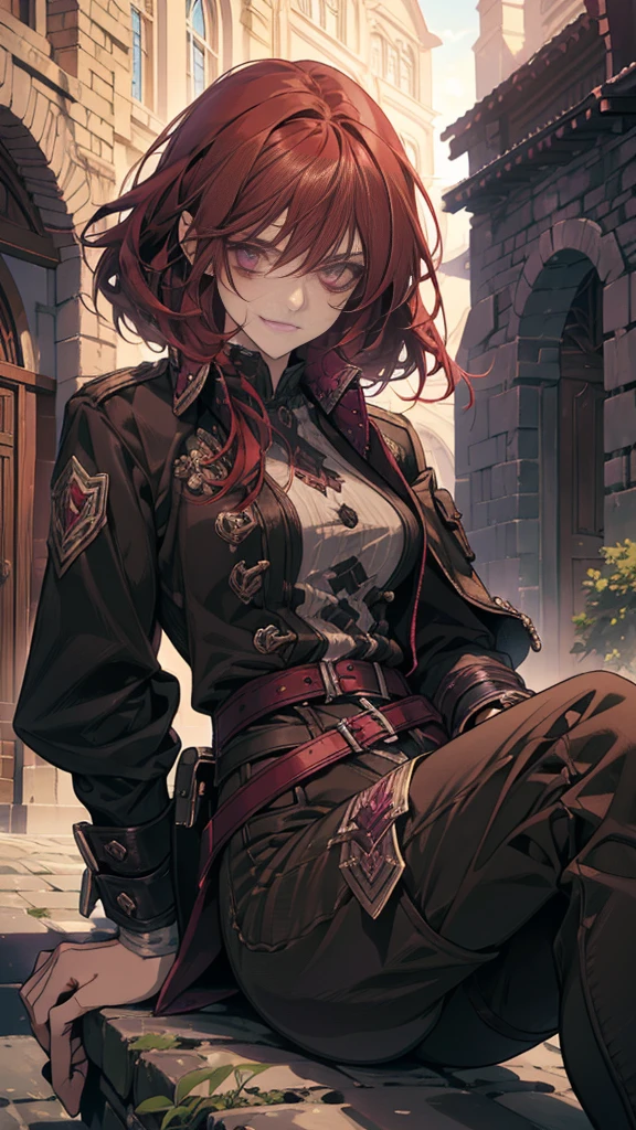 A female assasin with dark cherry red hair, purple eyes, and a menacing look along with a grin, hair is really short and is really messy, has dark circles under her eyes, she has knives on her belts, and wears pants, sitting outside on top of a building with the sunsent light behing her, getting dark
