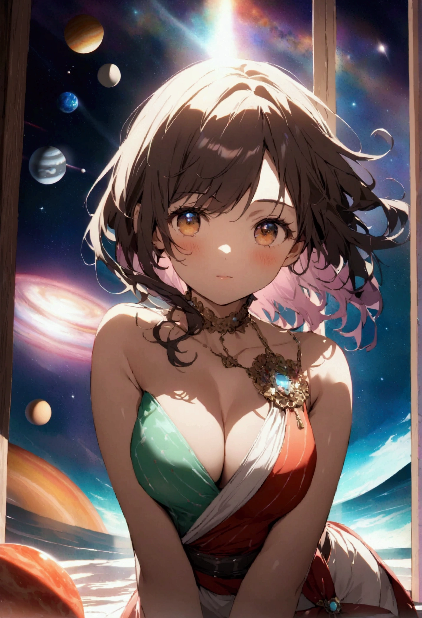 Glass Galaxy 
Create an image depicting  the portrait f a beautiful woman vegeta + Naruto sexy rasgada roupas decote front  of a universe where stars, planets, and galaxies are made entirely of colorful, translucent glass, refracting and reflecting light in dynamic patterns.