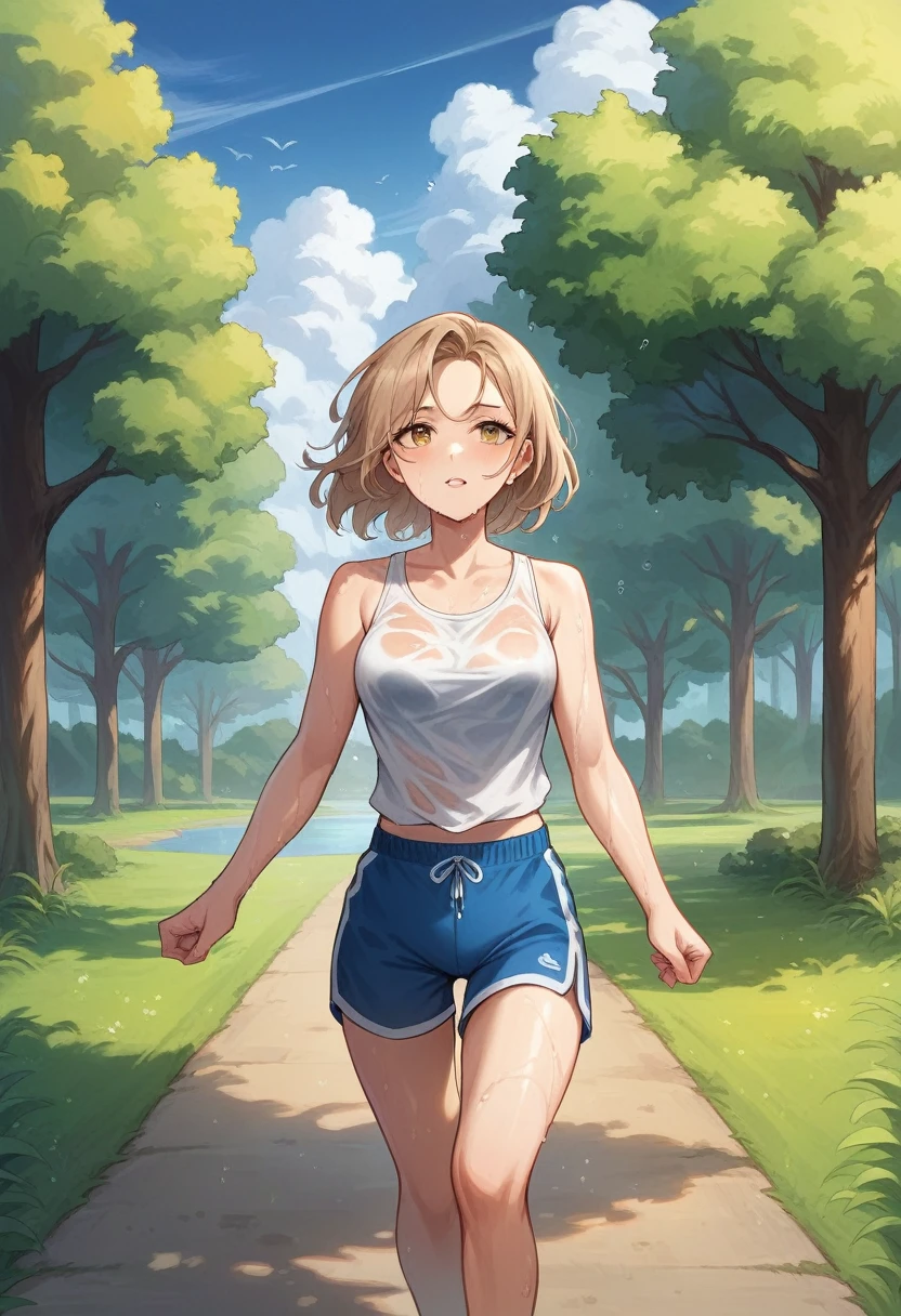1girl, 15 years old girl in white sleeves loose fitted tank top, blue jogging shorts, wet clothes, light brown hair, medium hair, beautiful eyes and face, pale skin, golden golden hour, running in a park, clouds, grass, trees, lake, professional digital art, high rendering, high detailed, ultra quality, high resolution, 4k, by michael garmash from behind