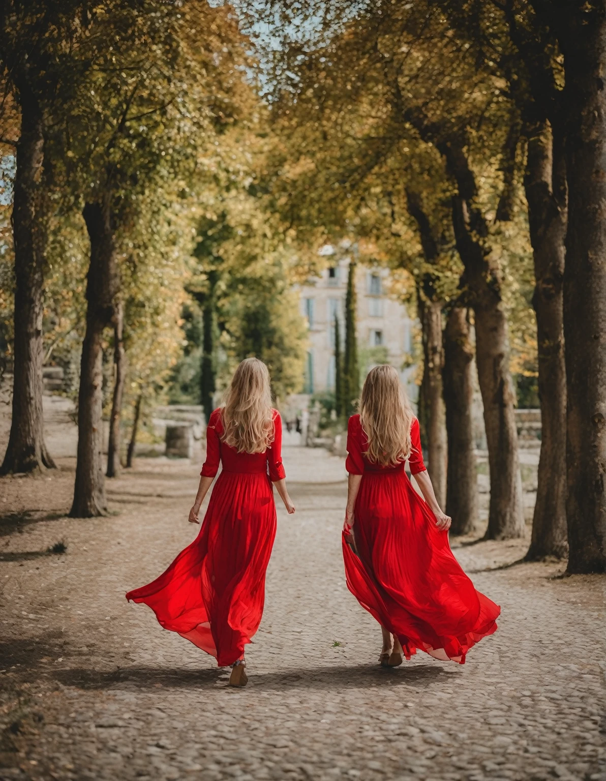 a dark blonde woman with long hair dressed in a long red dress walking in an incredible view square in France she is happy in high quality images full hd 4k