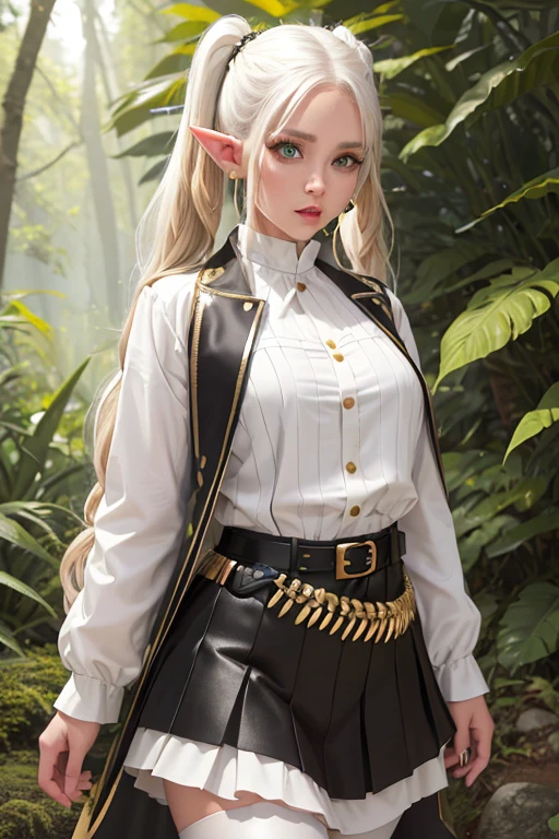 a female elf with green eyes and long white hair tied into two pigtails, wearing a black and white striped shirt, a white jacket with gold embellishments tucked into a matching skirt with a black belt, a short white and gold cape with a high collar, black pantyhose, and brown boots, with a pair of gold and red earrings, in a forest outdoor environment,(best quality,4k,8k,highres,masterpiece:1.2),ultra-detailed,(realistic,photorealistic,photo-realistic:1.37),extremely detailed face,eyes,lips,nose,high quality,anatomically perfect,twintails,earrings,white cape,striped shirt,white skirt,long sleeves,belt,holding employees,Freeze:Beyond the end of the journey