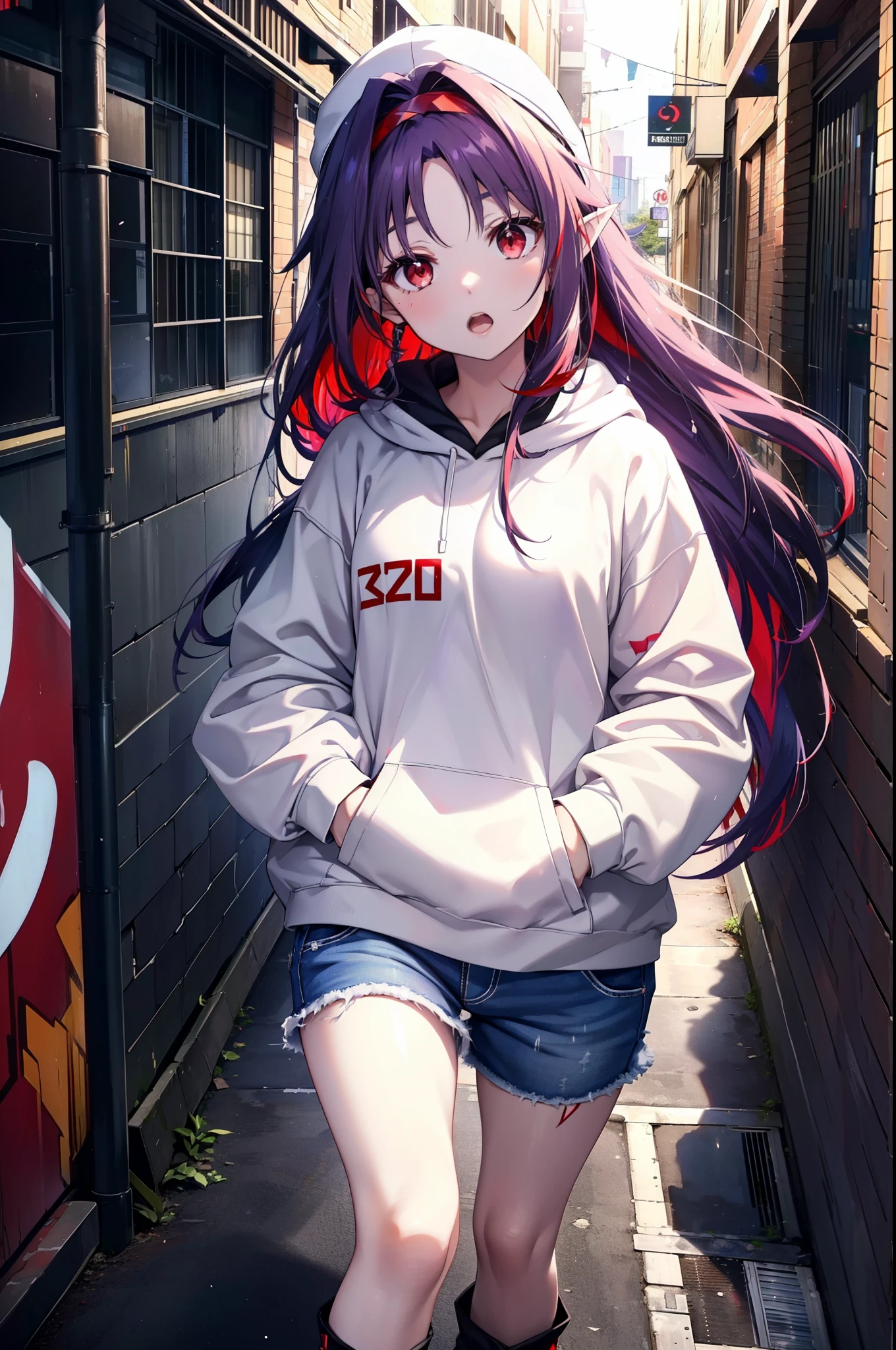 yuukikonno, Konno Yuuki,  Long Hair, Pointed Ears, Purple Hair, (Red eyes:1.5), (Small breasts:1.2), Open your mouth,Baseball hats,Oversized purple hoodie,jeans,Thick hem,boots,Walking,Graffiti wall,Daytime,Clear skies,Both hands are in the pockets of the hoodie、whole bodyがイラストに入るように,
break looking at viewer, whole body,
break outdoors, Alley,
break (masterpiece:1.2), Highest quality, High resolution, unity 8k wallpaper, (figure:0.8), (Beautiful attention to detail:1.6), Highly detailed face, Perfect lighting, Highly detailed CG, (Perfect hands, Perfect Anatomy),
