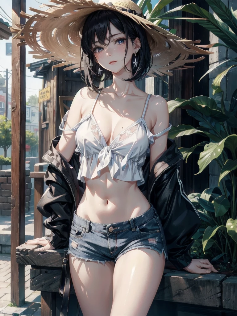 absurdres, RAW photo, extremely delicate and beautiful, masterpiece, Best Quality, ultra high resolution, 32k, hyperrealistic, ultra-detailed, perfect figure, in her 20s, very small head, very small face, delicate facial features, tearful mole, earring, very huge breasts, very big breasts, bare legs, full body shot, medium hair, black hair, colored inner hair, casual, blouse, white shirt, buttoned shirt, bare shoulders, collarbone, midriff, navel, shorts, straw hat,