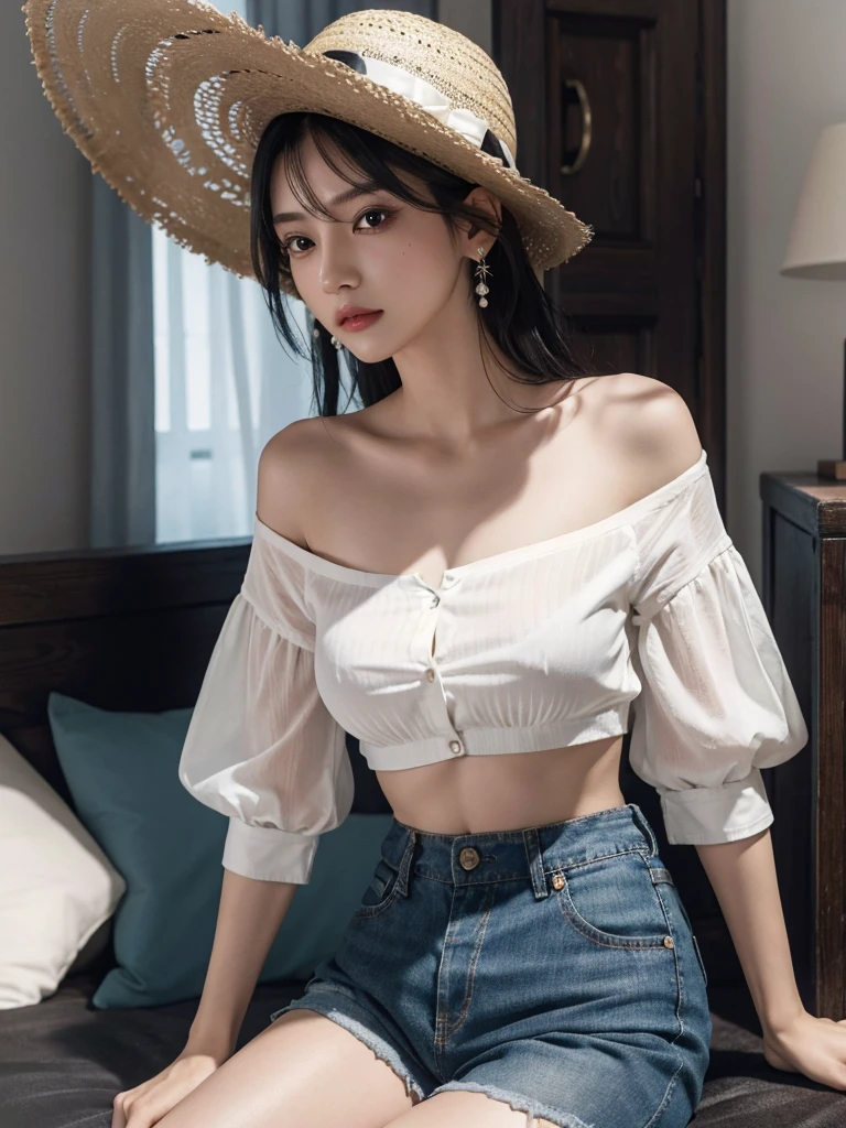 absurdres, RAW photo, extremely delicate and beautiful, masterpiece, Best Quality, ultra high resolution, 32k, hyperrealistic, ultra-detailed, perfect figure, in her 20s, very small head, very small face, delicate facial features, tearful mole, earring, very huge breasts, very big breasts, bare legs, full body shot, medium hair, black hair, colored inner hair, casual, blouse, white shirt, buttoned shirt, bare shoulders, collarbone, midriff, navel, shorts, straw hat,